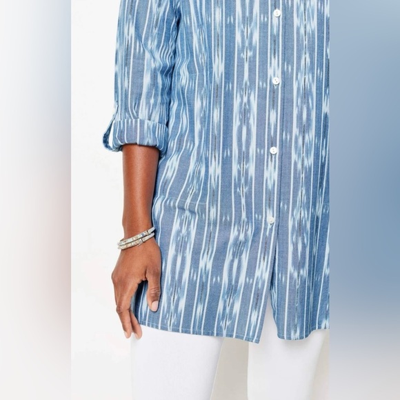 J. Jill Pure Jill Cotton Button Front Ikat Blue Tunic Top Size XL 3/4 Sleeve - Picture 15 of 15